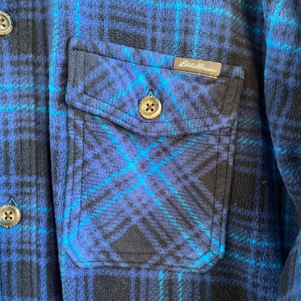 Eddie Bauer Mens Fleece Button Up Shirt, Long Sleeve, Blue/Black Plaid, Size 2XL - Picture 5 of 12